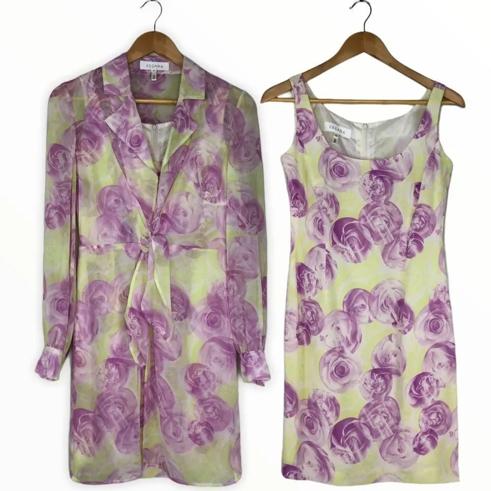 Escada Rose Sleeveless Dress and Sheer Wrap Jacket Set Floral Print - Picture 1 of 16